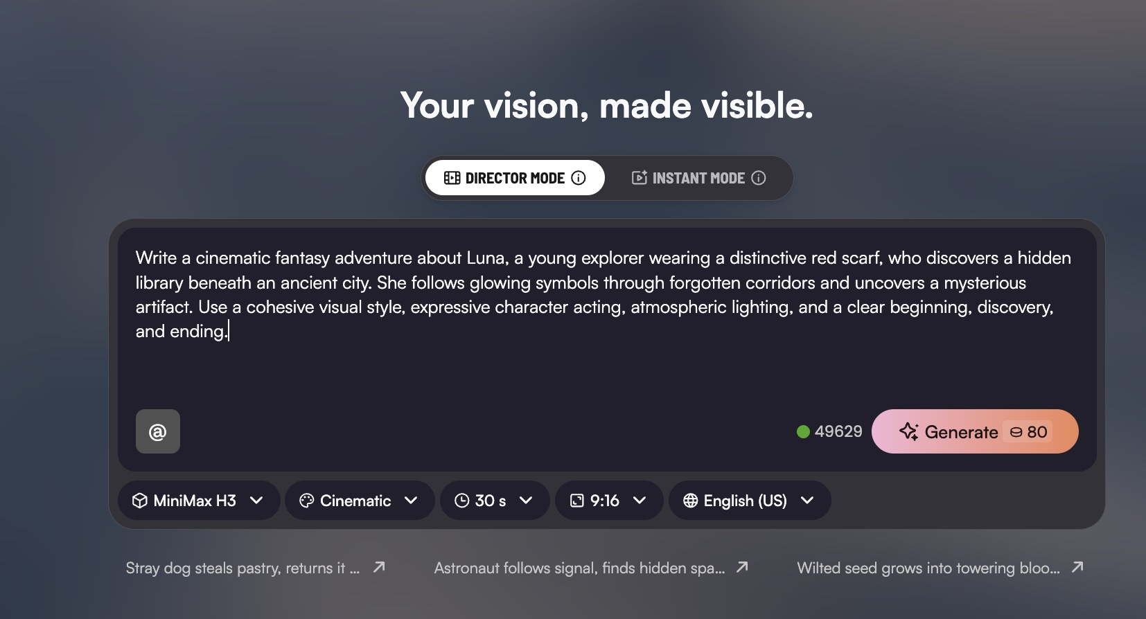 Director Mode selected on the Mootion story creation screen