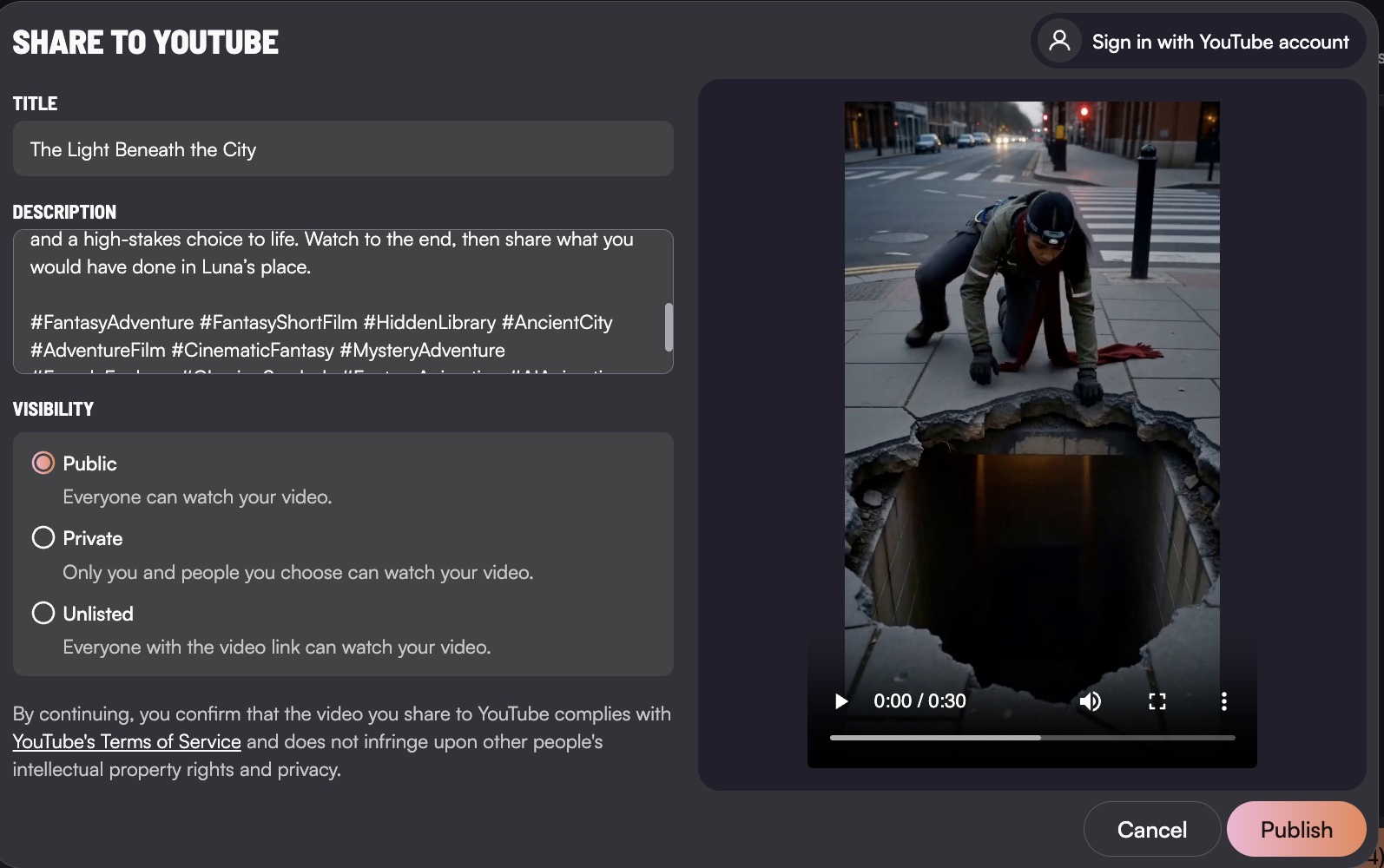 Share to YouTube dialog with an AI-generated title, description, tags and visibility options